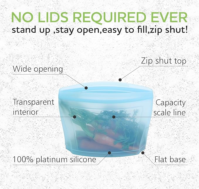Zip Standing Reusable food container, silicone bag, 6 Pcs Zip Containers Can be used for fruit and vegetable snacks, etc. Microwave Dishwasher and Freezer Usable (blue)…