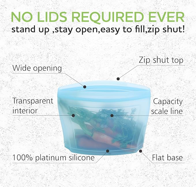 ZiP Standing Reusable food container, silicone bag, 6 Pcs Zip Containers Can be used for fruit and vegetable snacks, etc. Microwave Dishwasher and Freezer Usable (white)