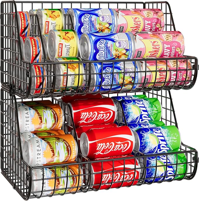 2-Tier Stackable Can Organizer for Pantry Shelves, 2 Pack Soda Can Organizer with 4 Adjustable Dividers, Kitchen Can Storage Organizer, Wire Drink Organizer, Metal Can Dispenser for Cabinets Shelf