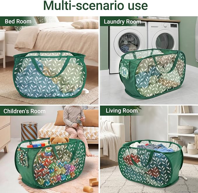 Durable Collapsible Laundry Baskets, Foldable Laundry Basket with Handy Pocket, Mesh Pop Up Clothes Hamper with Reinforced Carry Handles for Laundry, Bathroom, Kids Room, Travel -Leaf Print, Green