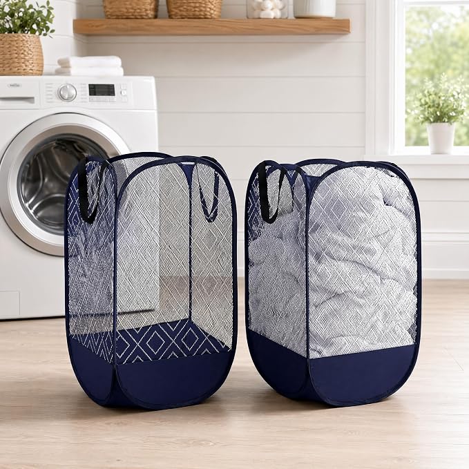 100L Extra Large Mesh Pop Up Laundry Hamper 2 Pack with Pocket and bag, Blue