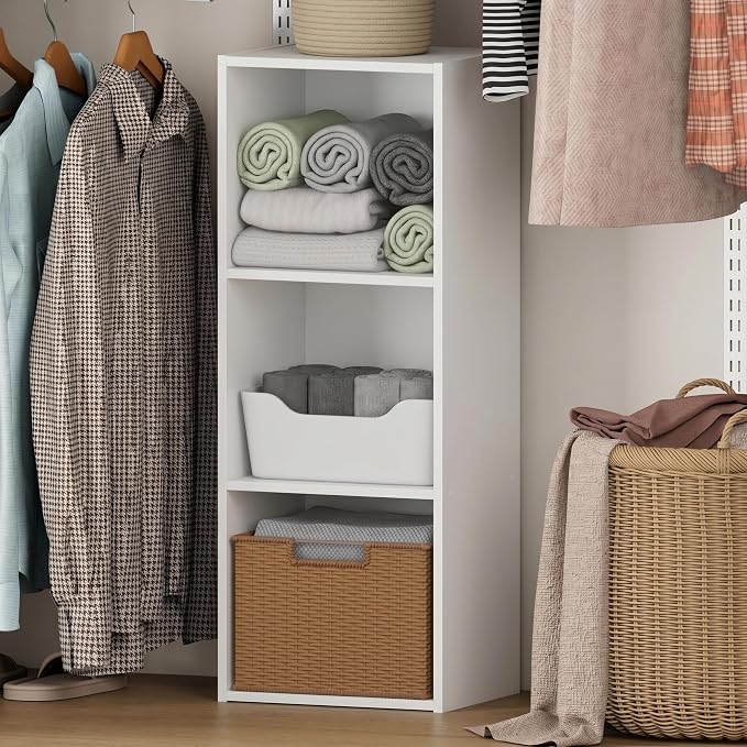 Furinno LUDER 3-Cube Closet Organizer with LED, Closet Storage, White | 9.3 x 12 x 31.5, White LED Light, Organizers and Storage, Closet Storage, for Wardrobe, Bedroom, Entryway
