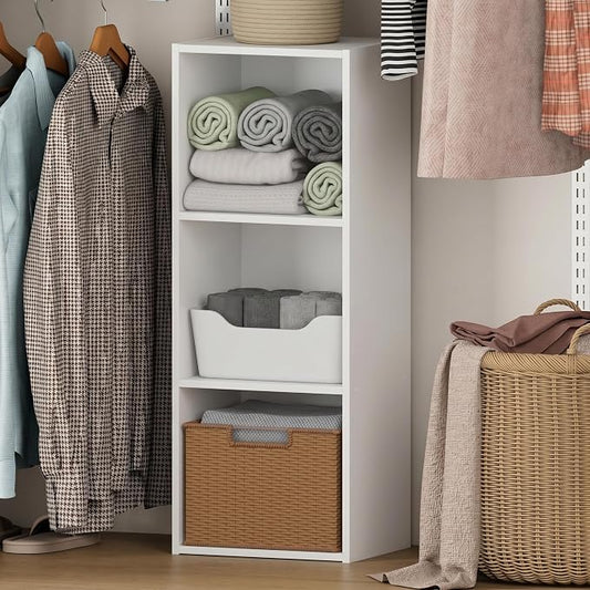 Furinno LUDER 3-Cube Closet Organizer with LED, Closet Storage, White | 9.3 x 12 x 31.5, White LED Light, Organizers and Storage, Closet Storage, for Wardrobe, Bedroom, Entryway