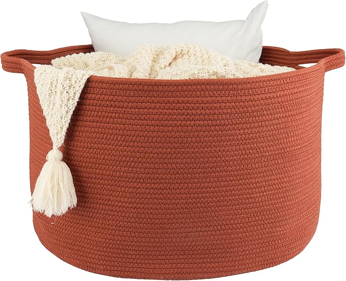 XUANGUO Extra Large Cotton Rope Round Storage Basket 22" x 14" Rustic | Woven basket for blankets, toys, towels, laundry, nursery, living room and pet toy storage.