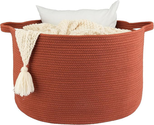 XUANGUO Extra Large Cotton Rope Round Storage Basket 22" x 14" Rustic | Woven basket for blankets, toys, towels, laundry, nursery, living room and pet toy storage.