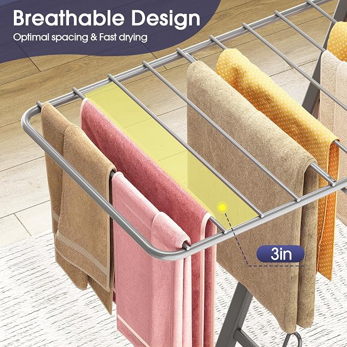 APEXCHASER Clothes Drying Rack, 67.7" L Height Adjustable, Foldable, Grey | 1.5"Folded, No Assembly, Space-Saving, Spacious Design, Adjustable Wings, Clips, Mesh Shelf, Shoe Rack, Indoor & Outdoor Use