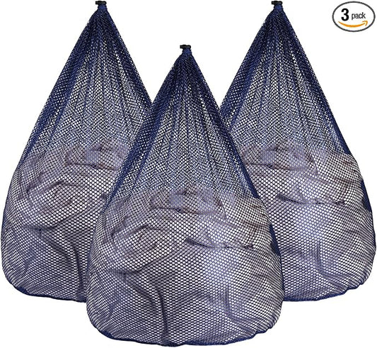 3Pcs Mesh Laundry Bags Washing Machine Mesh Wash Bags Jumbo for Delicates Clothes,Bed Linen,Toys with Drawstring Closure Sturdy(3 XXLarge 28 x 26 Inches, Blue)