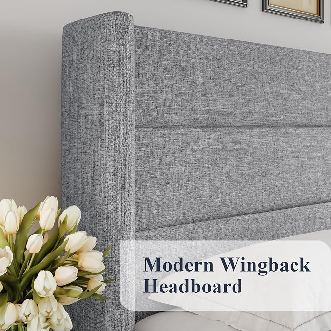 Allewie Queen Size Lift Up Hydraulic Storage Bed Frame Light Grey | Modern Wingback Headboard, Hydraulic Support Storage, No Box Spring Needed