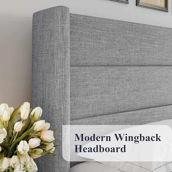 Allewie King Size Lift Up Hydraulic Storage Bed Frame Light Grey | Modern Wingback Headboard, Hydraulic Support Storage, No Box Spring Needed