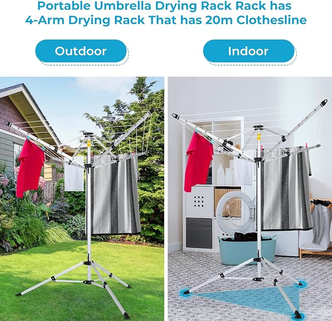 JS HANGER Drying Natural Clothes Airer Outdoor Portable 4-arm Aluminum Drying Rack w/Ground Stake, Carry Bag, 28-Lines with 65 ft. Umbrella Clothesline