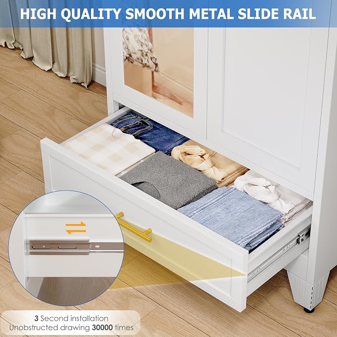 GAIOUS Steel Armoire WardrobeCloset with Mirror Door and Drawer 71" White | Household Wardrobe Cabinet with Hanging Rod, Metal Clothing Storage Cabinet with Adjustable Shelf for Bedroom, Cloak, Gym