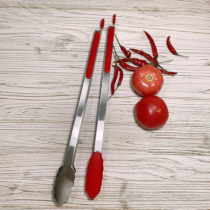 18 inch Extra Long Grill Tongs (1 orange +1 red), with Silicone Tip Head, Stainless Steel Barbecue Tongs with Long Handle, Large Sized Food Tong, Extended Serving Tong