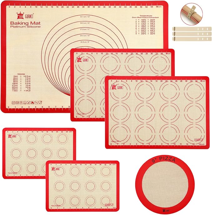 GUANCI Silicone Baking Mat Set of 6, Includes 25"x17.5" Large, 2 Medium 16.5"x11.6", 2 Small 11.75"x8.25", 9" Round, All Mats 0.70mm Thick, Non-Stick Reusable Baking Mats for Pizza, Cookie, Bread