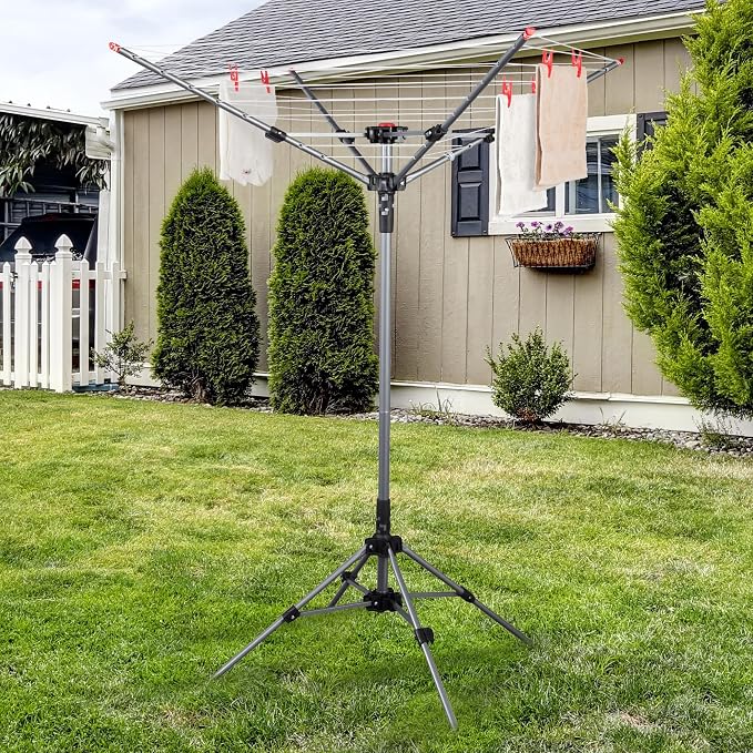 STO STO Portable Umbrella Clothesline, 82 Feet Rotary Drying Rack with Adjustable Height, Freestanding Laundry Line for Backyard, Patio, Balcony & Camping, Easy Setup with Carry Bag, No Tools Required