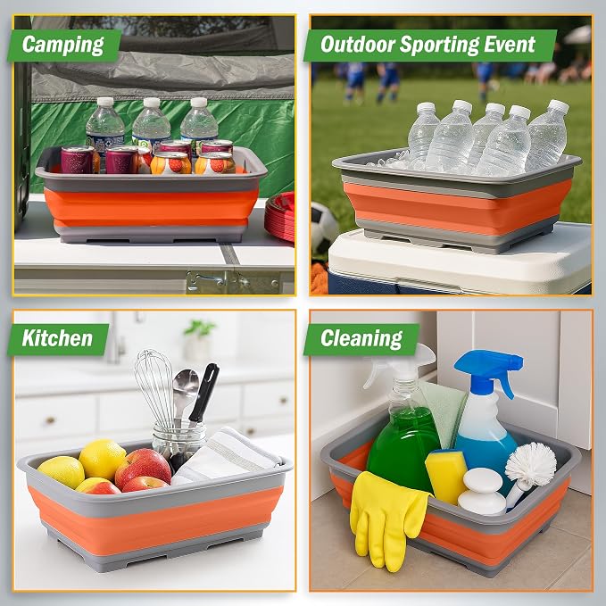 Set of 2 Multipurpose Wash Bins – 7.27-Liter Basins for Travel or Cleaning – Collapsible Bucket Camping Accessories by Wakeman (Orange)