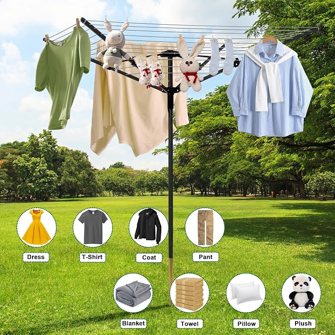 MYOYAY 165 Ft Outdoor Umbrella Drying Rack Rotary Retracting Clothesline | Adjustable Height Collapsible Umbrella Clothesline 4 Arm Heavy Duty Clothes Drying Rack with 12 Lines for Laundry Outdoors