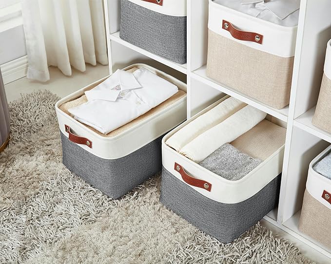 DECOMOMO Storage Baskets for Shelves - Fabric Storage Bins, Linen Closet Organizers and Storage (Slate Grey & White, Large - 3 Pack)