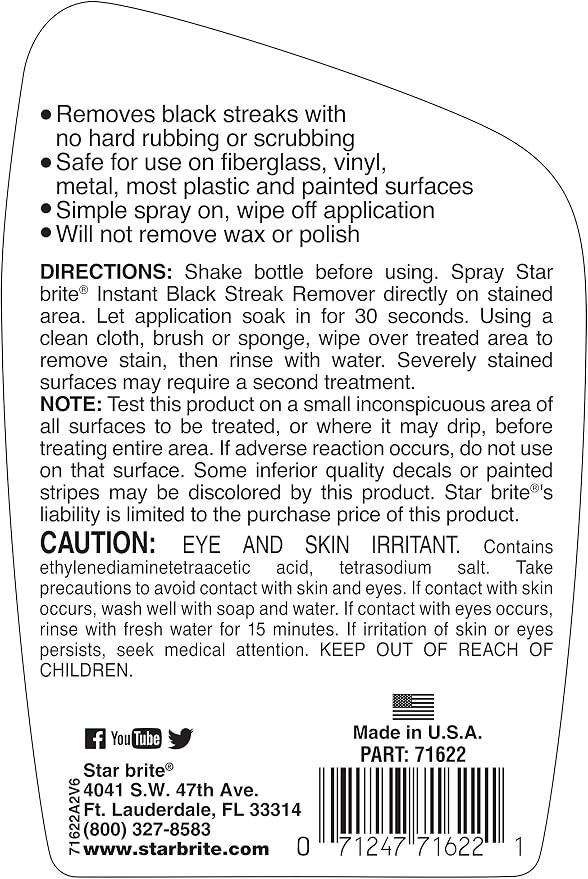 Star brite Instant Black Streak Remover - Dissolve Grease, Oil, Smoke & Exhaust Stains on Fiberglass, Vinyl, Metal, Plastic & Painted Surfaces - Spray On, Wipe Off