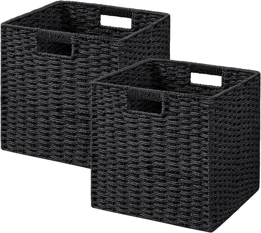 UBBCARE 2 Pack Wicker Basket, 11L×11H×10.5W inch Woven Paper Rope Storage Baskets for shelves, Foldable Cube Storage bin with Handle, Storage Basket for Organizing (Black, Cube-2pack 11")