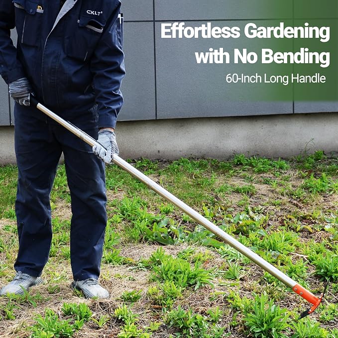 2-in-1 Garden Hoe and Weed Puller Rake 60 Inch Spring Steel Head | Adjustable Long Handle Weeding Tool Heavy Duty Sand Texture Finish, Weed Remover for Garden, Yard, Lawn, Driveway