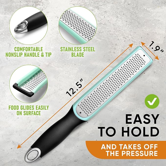 Spring Chef Premium Lemon Zester Grater with Handle - Fruit, Lime, Orange, Nutmeg, Garlic Grater - Heavy Duty Kitchen Tool - Stainless Steel Citrus Zester with Blade Cover - Fine Shred - Mint/Black
