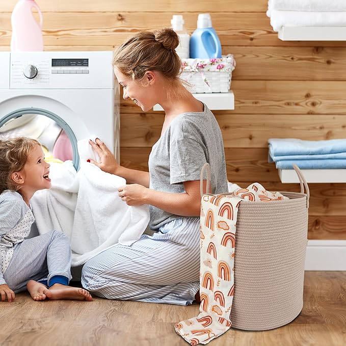 XUANGUO Cotton Rope Laundry Basket Hamper for Clothes, Konjac | Woven Storage Basket for Living Room Bedroom Boho Tall Rope Baskets for Blanket Toys Pillow Towels Baby Nursery Hamper Bin