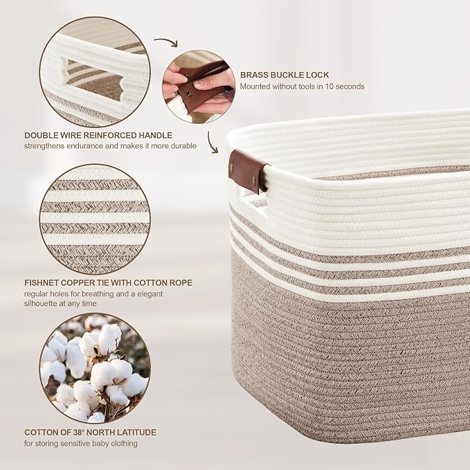 45L Small Woven Laundry Basket Hamper with Leather Handles,Brown | collapsible wicker hamper, storage for dirty clothes, toys, blankets, gifts, living room, bedroom, bathroom, 18"x14"x11"