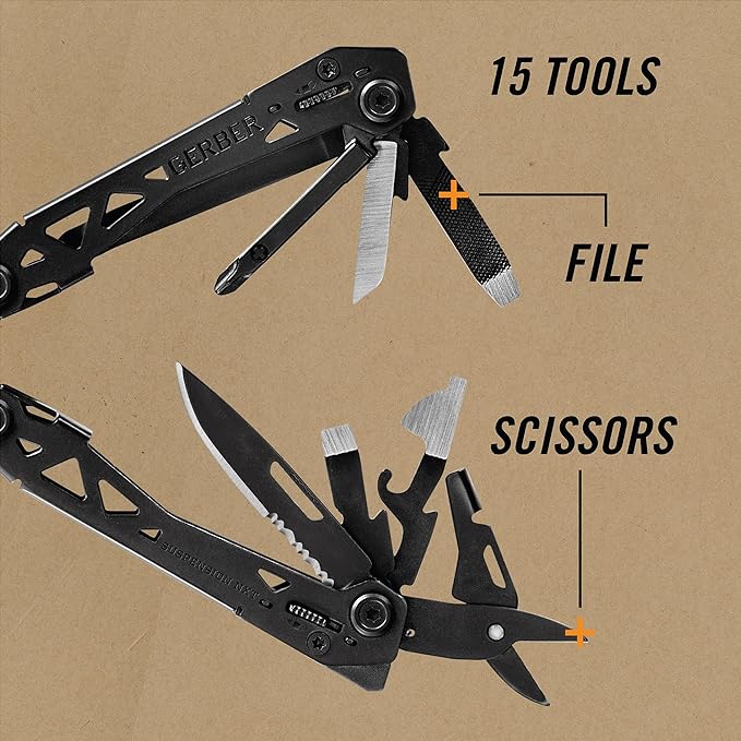 Gerber Suspension NXT 15-in-1 EDC Multitool, Pliers w/ Pocket Knife, Black | Needle nose pliers, wire stripper, 15 tools, camping/survival gear, EDC pocket clip, lightweight
