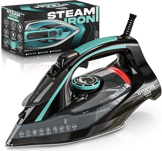 Utopia Home Steam Iron for Clothes - Non-Stick Soleplate - 1800W Clothes Iron With Auto-Off Safety Feature - Adjustable Thermostat Control, Variable Steam Control, Self-Clean, 8 Feet Cord (Black/Teal)