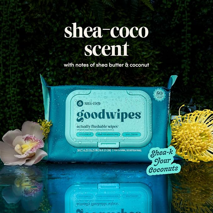 goodwipes Flushable Butt Wipes - Extra Large Adult Wet Wipes For Women & Men - Bathroom Essentials - Sewer & Septic Safe - Shea Coco & Botanical Bliss, 300 Count (6 Packs)