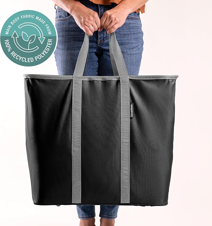 CleverMade Collapsible Laundry Caddy, 64L, 2 Pack, Black Gray | A reinforced rim and base keep it upright for loading. Comfortable handles move up to 2 full loads, then it folds flat.