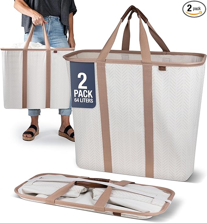 CleverMade LUXE Collapsible Laundry Caddy, 64L, 2 Pack, Cream Herringbone | Refined fabric and vegan leather details suit open rooms. The structured frame carries 2 loads and folds flat for storage.