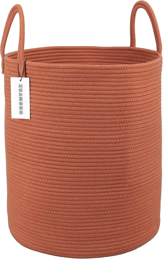 XUANGUO Cotton Rope Laundry Basket Hamper for Clothes Large Rust Red | Baby Nursery Hamper Bin and Woven Storage Basket for Living Room Bedroom Boho Tall Rope Baskets Blankets Toys Pillows Towels