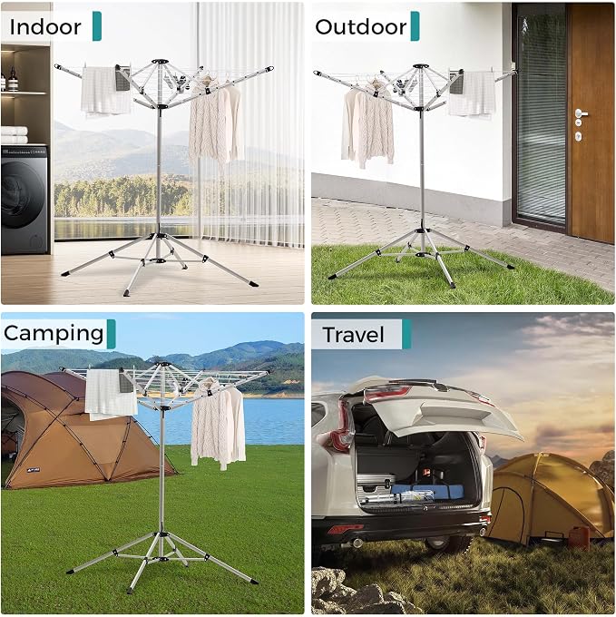 CROS Indoor Outdoor 4-Arm Umbrella Clothes Drying Rack, 65 FT Rotary Laundry Airer with 28 Vinyl Lines, Freestanding Tripod Base, Rust-Resistant Aluminum Dryer for Home, Yard & Balcony