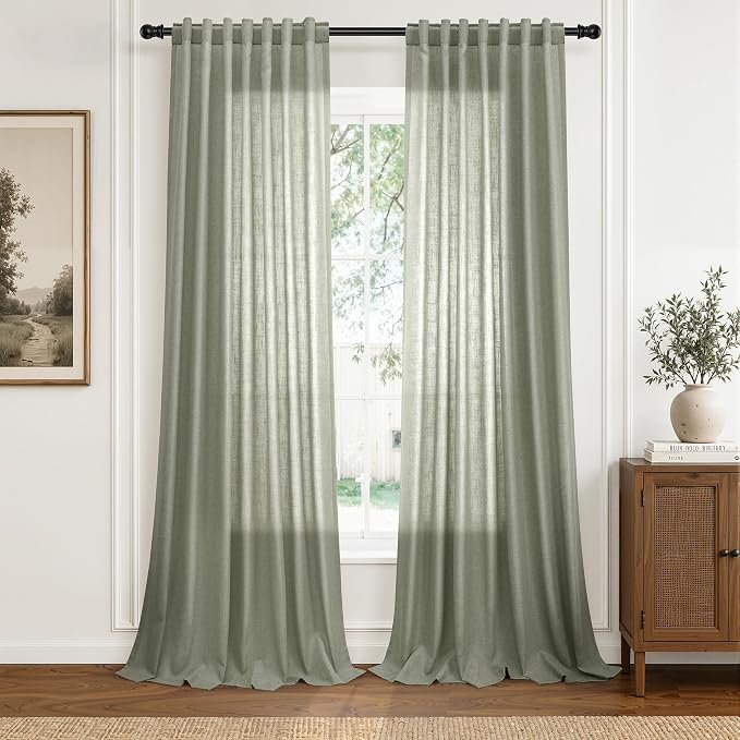 Hokibero Sage Green Linen Curtains 108 Inches Long Drapes for Living Room | Light Filtering Sheer Curtain 2 Panels, Back Tab Pocket Pleated Look, Green Privacy Drape for Bedroom Window, Boho Farmhouse