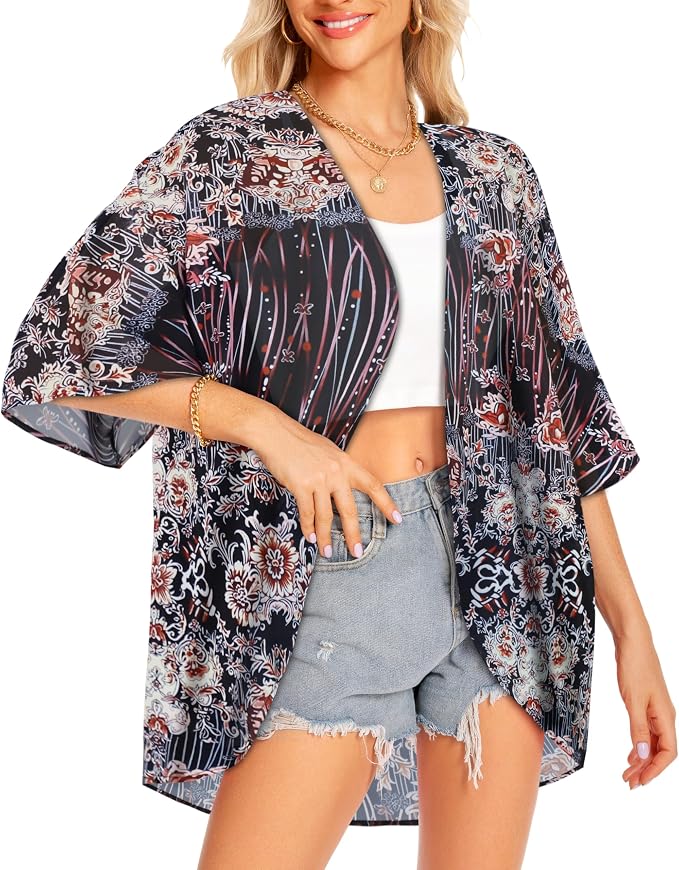 Women Kimono Cardigans Summer Cover Up Hawaiian Shirts Floral Print Tops | ROSEMIA chiffon kimono open front cardigans, beach cover ups, daily casual tops, cruise outfits, summer resort wear