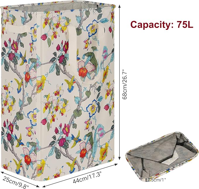 efluky Slim Laundry Basket, Narrow Laundry Hamper with Handles, Collapsible Dirty Clothes Hamper, Tall Laundry Bin for Laundry Room, Dorm and Bedroom, 19.8 Gallon (75L) Floral