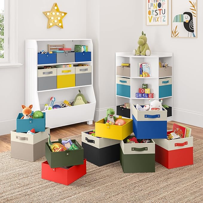 RiverRidge Kids 6pc Folding Storage Bins Set - 10.5”W x 5”H Fabric Boxes with Handles for Closet Organizer & Storage - Taupe Cube Storage Organizer for Toys, Clothes & Crafts - Fits RiverRidge Shelve