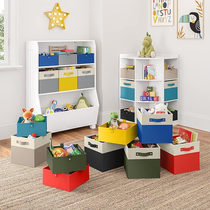 RiverRidge Kids 2pc Folding Storage Bins Set - 10.5” Bin Organizers with Handles - Gray Closet Organizer and Storage for Toys, Games, Shoes - Foldable Cube Storage Organizer Bins for Playroom, Nursery
