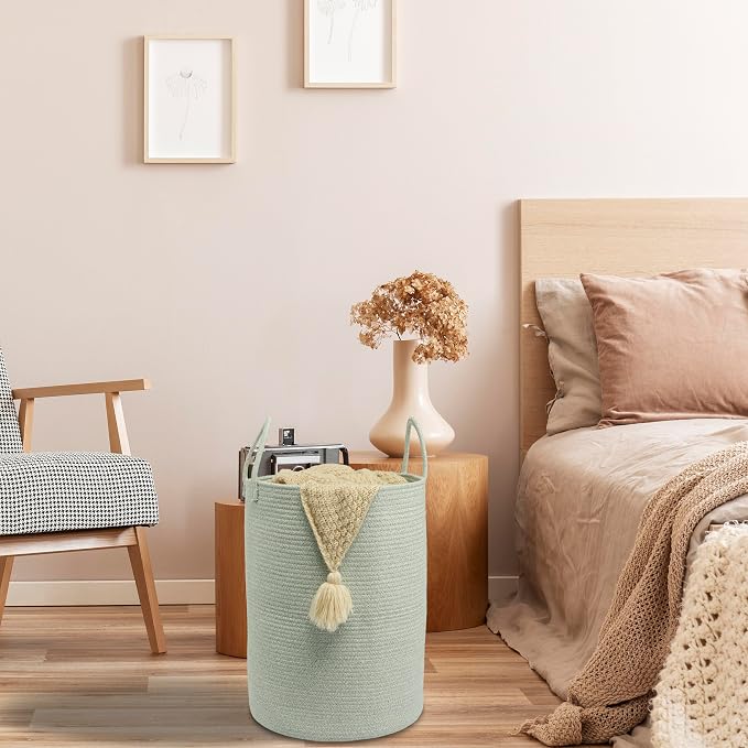 XUANGUO Cotton Rope Laundry Basket Hamper for Clothes,Large green | Woven Storage Basket for Living Room Bedroom Boho Tall Rope Baskets for Blanket Toys Pillow Towels Baby Nursery Hamper Bin