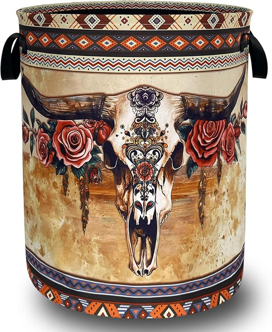 Boho Longhorn Cattle Skull Laundry Basket Oxford Cloth Tribal Laundry Hamper With Handle Foldable Portable Clothes Storage Basket Funny Laundry Bag 18.9"x16.5" For Laundry Room/Bedroom/Bathrooms