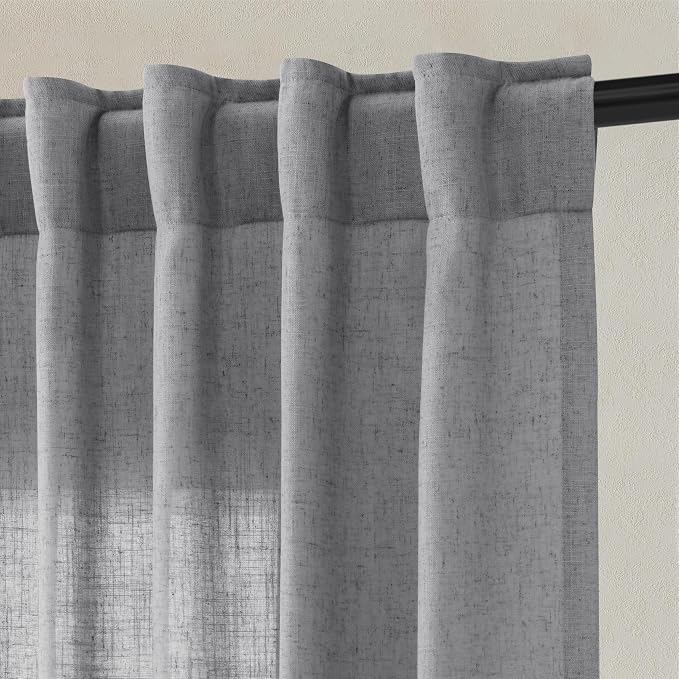 Hokibero Grey Linen Curtains 84 Inches Long Drape for Living Room 2 Panels | Light Filtering Semi Sheer Curtain, Back Tab Rod Pocket Pleated Look, Gray Privacy Drapes for Bedroom Window, Boho Farmhouse