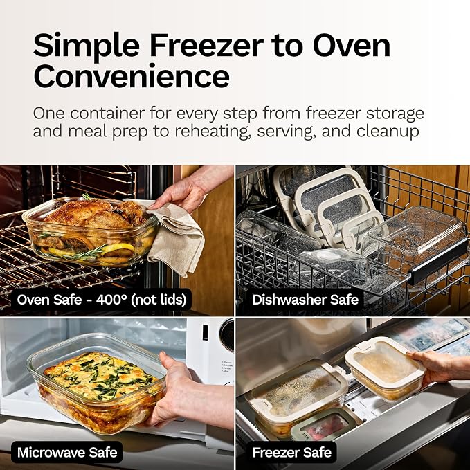 Naked Kitchen 8-Piece Food Storage Containers with Lids – Nesting Borosilicate Glass Meal Prep Containers with Leak-Proof Airtight Seal – BPA Free, Microwave, Oven, Freezer & Dishwasher Safe – Cream