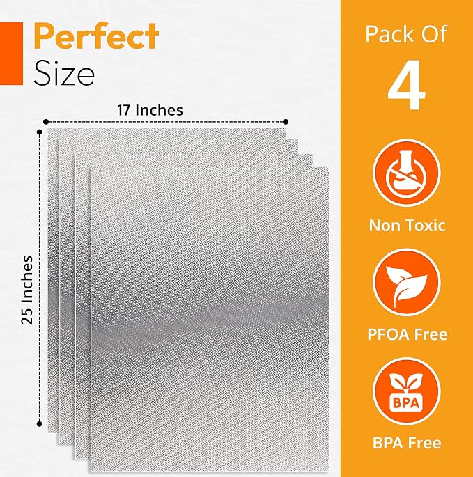 Oven Liners for Bottom of Oven, Silver 17" X 25" - Premium Large Thick Mats, Heavy Duty Liner for Bottom of Electric Range, Gas Range, Microwave, Etc. - Non Stick Teflon Mats (4-pack)