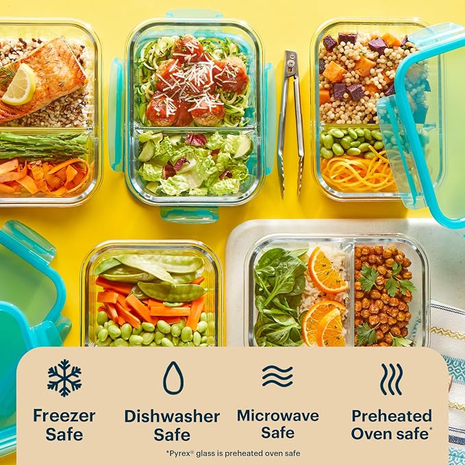 Pyrex Glass Meal Box (5-Pack, 4 Cup) Divided Compartments with Locking Lids, For Meal Prepping and Portioning, BPA Free Microwave Dishwasher Safe