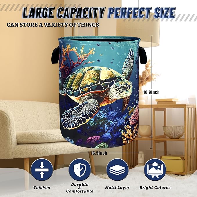 Sea Turtle Laundry Basket Oxford Cloth Colorful Ocean Animal Turtles Laundry Hamper With Handle Foldable Portable Clothes Storage Basket Laundry Bag 18.9"x16.5" For Laundry Room/Bedroom/Bathrooms