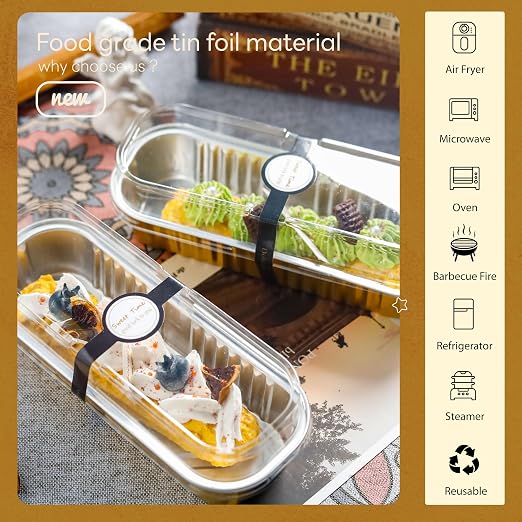100 Pack Mini Cake Pans with Lids and Spoons, Rectangular Aluminum Foil Bread Pans, Mini Loaf Pans and Food Containers with Lids for Graduation Gifts Party Favors(Gold, 6.8oz)