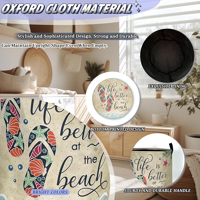 Funny Beach Laundry Basket Oxford Cloth Colorful Hawaii Laundry Hamper With Handle Foldable Portable Clothes Storage Basket Ocean Laundry Bag 18.9"x16.5" For Laundry Room/Bedroom/Bathrooms