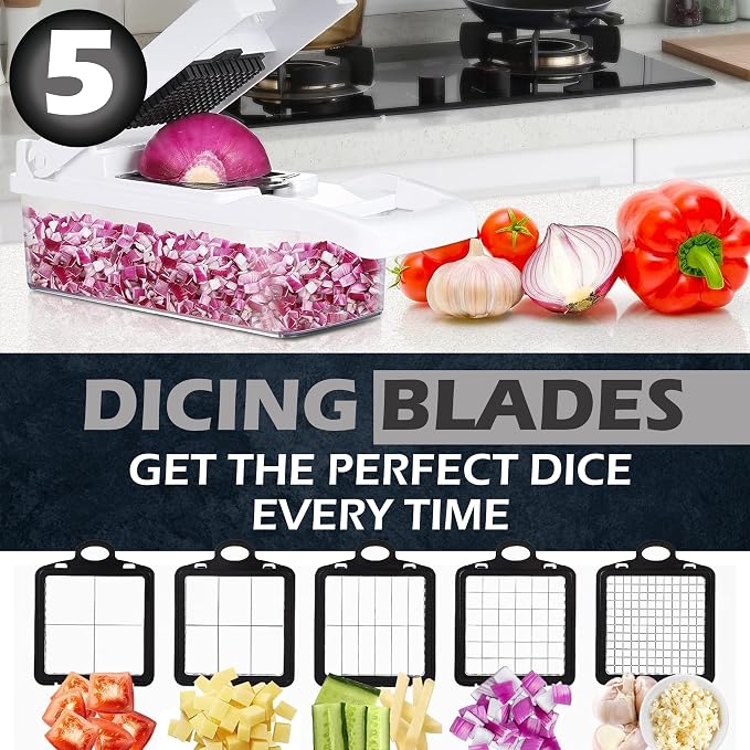 26-in-1 - Heavy Duty Vegetable Chopper with Container - Stainless Steel Blades - Slicer, Chopper, Spiral & Dicer for Veggies With Hand Guard, Cut Resistant Gloves & Cleaning Brushes - Black