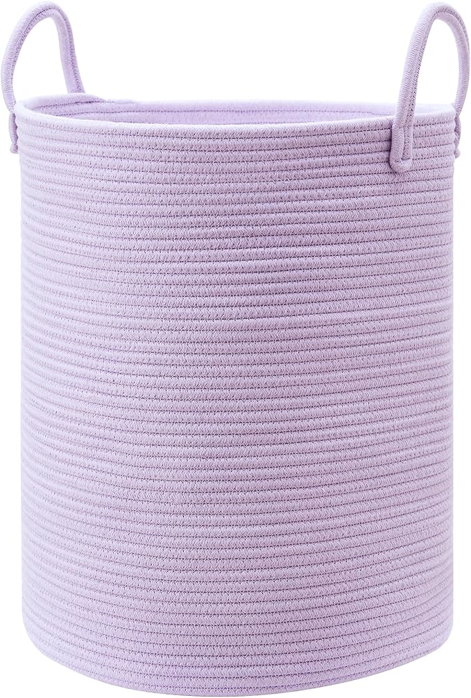 60L Large Purple Hamper Laundry Basket for Nursery Kids Lavender | Tall Woven Blanket Basket for Girls Cotton Rope Lilac Clothes Hamper in Bedroom 15Dx20H inches